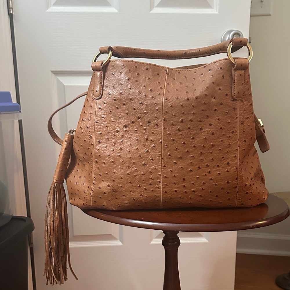G.I.L.I. Brown Ostrich-Embossed Shoulder Bag with Tassel